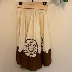 WILLOW BLOSSOM Embroidered Boho Two-Tone Cream and Brown Maxi Skirt
